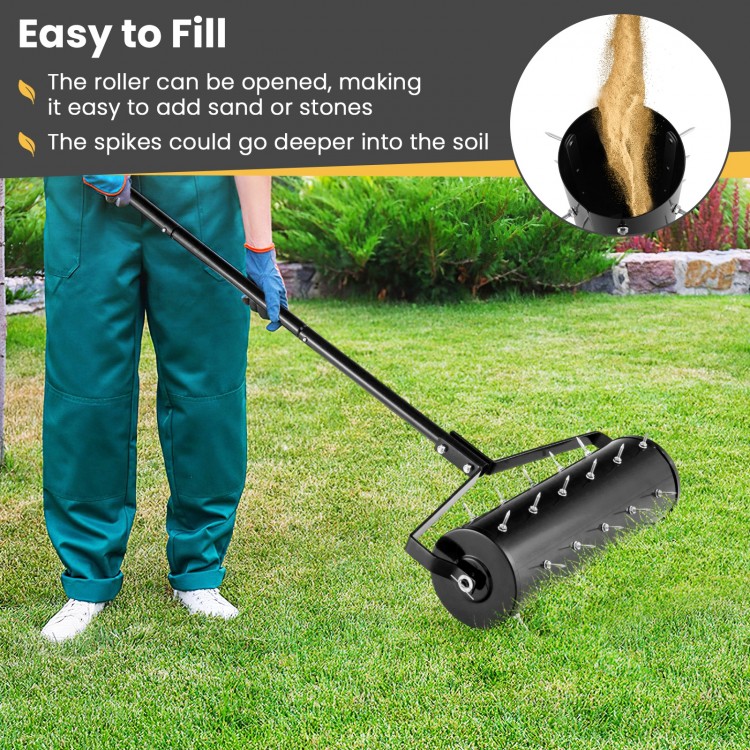 Manual lawn aerator with detachable handle, 21 inches, featuring rustproof spikes for effective soil loosening.