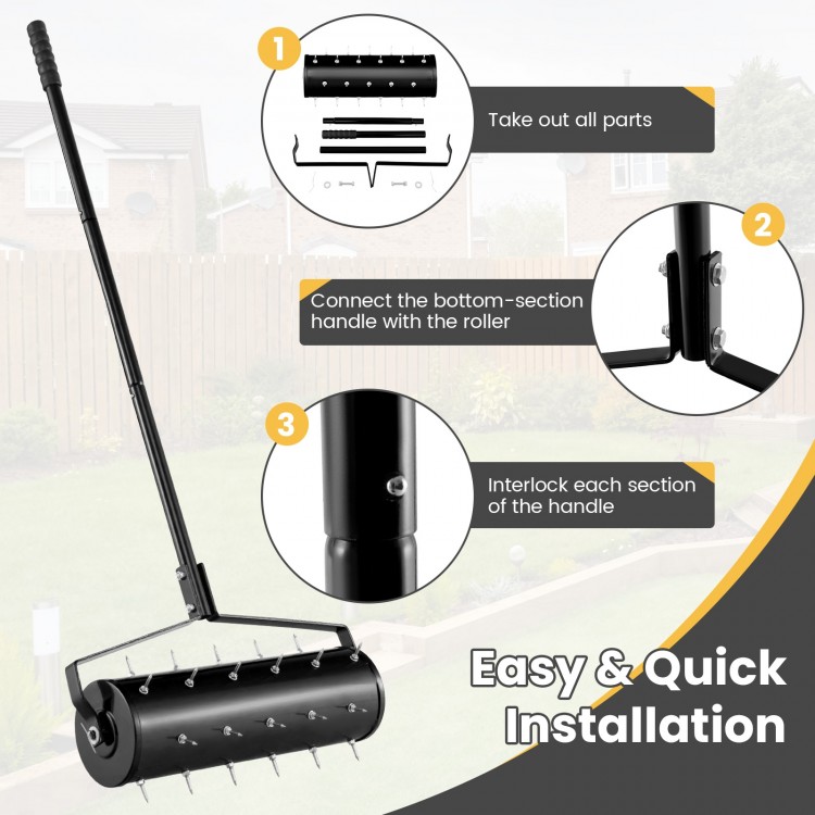 Manual lawn aerator with detachable handle, 21 inches, featuring rustproof steel spikes for effective soil loosening.