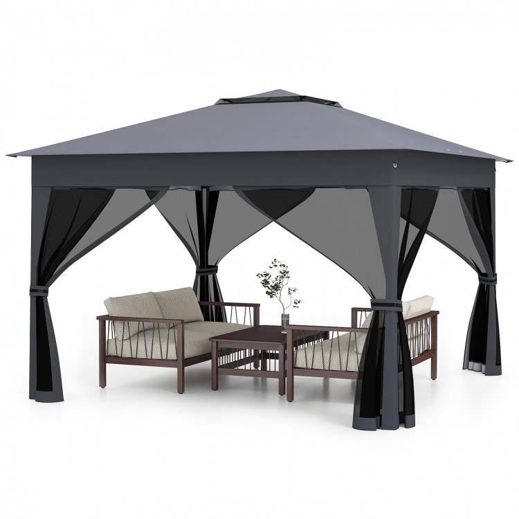Pop-up gazebo with gray canopy and mesh netting, featuring a sturdy frame, ideal for outdoor events and gatherings.