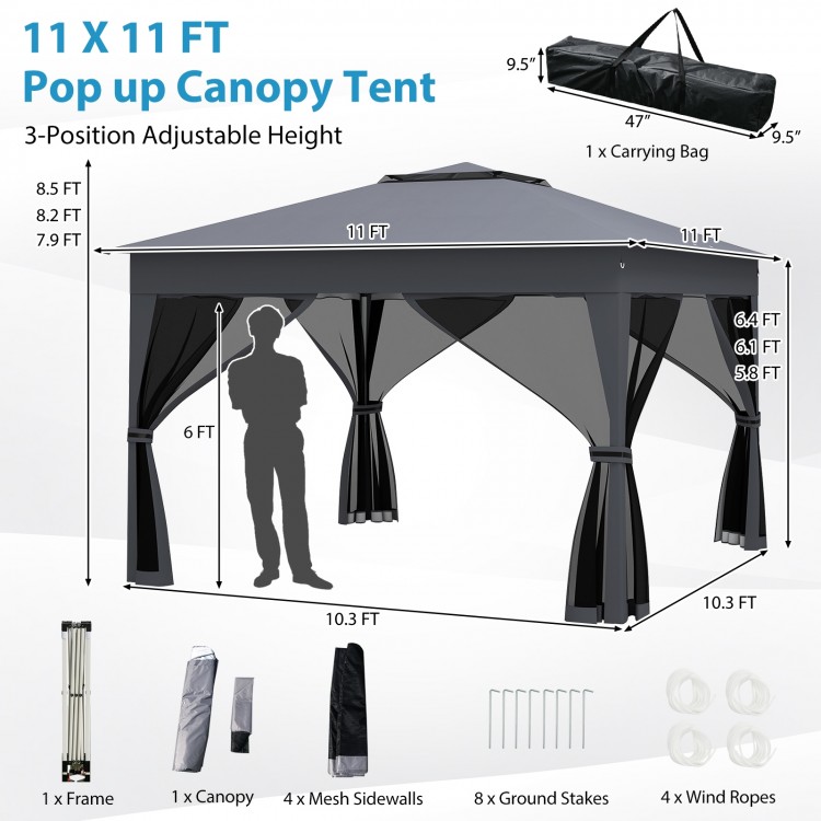 11 x 11 FT gray pop-up gazebo with mesh netting, adjustable height, ideal for camping, picnics, and parties.