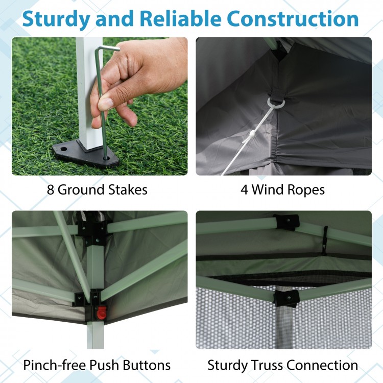 Sturdy construction details of the 11 X 11 FT pop-up gazebo, featuring ground stakes, wind ropes, and pinch-free push.