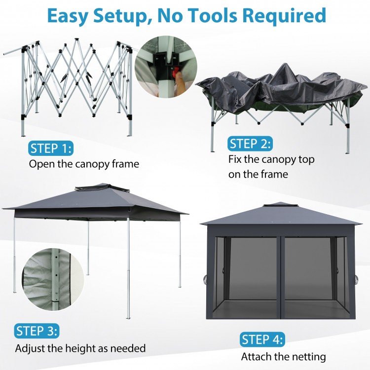 Pop-up gazebo with gray canopy and mesh netting, featuring a user-friendly setup and adjustable height for outdoor.