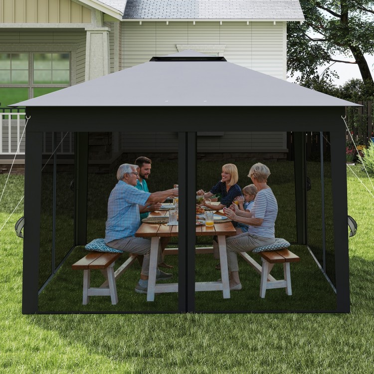 Gray 11 x 11 ft pop-up gazebo with mesh netting, providing sun protection for outdoor dining and gatherings.