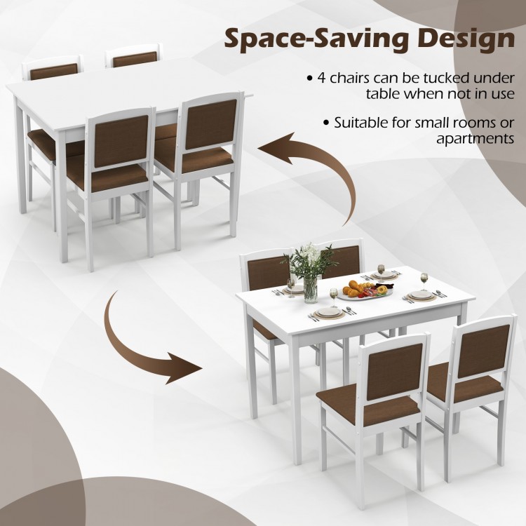 5-piece dining set featuring a white table and 4 rubber wood chairs, designed for small spaces and easy storage.