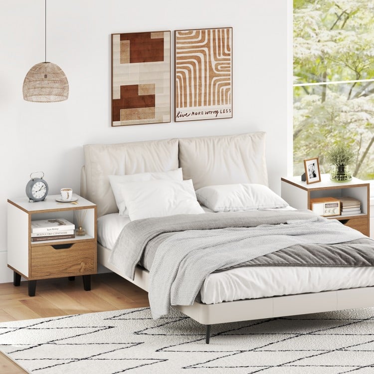 Nightstand set of 2 in white with drawer and open shelf, featuring a modern design for bedroom or living room use.