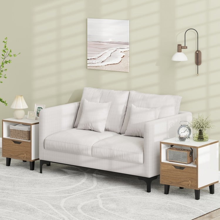Nightstand set of 2 in white with drawer and open shelf, ideal for bedroom or sofa side storage.