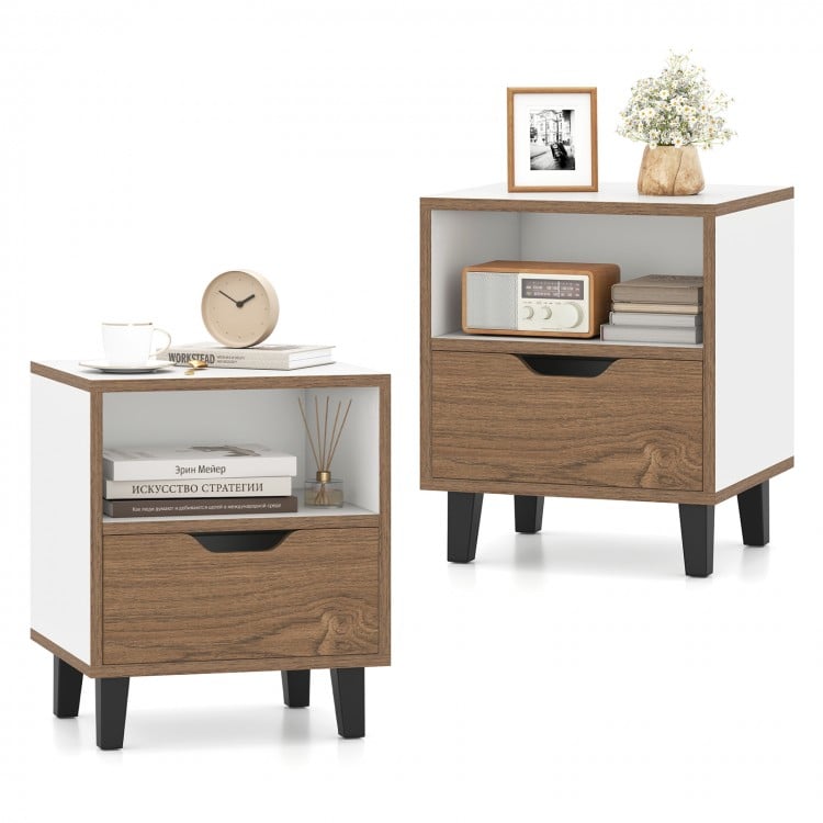 Nightstand set of 2 featuring a white and wood design, with a drawer and open shelf for bedroom storage.