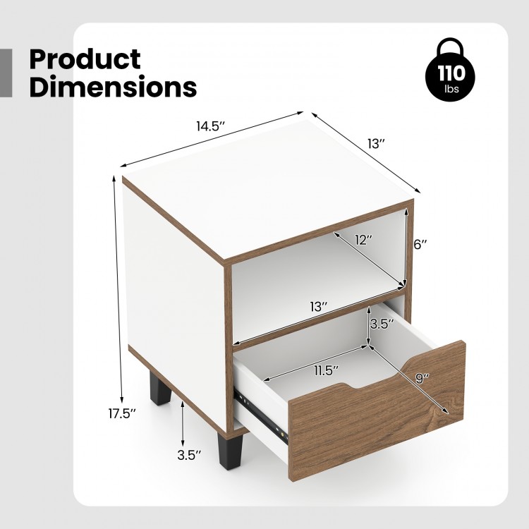 Nightstand dimensions showing a white design with a drawer and open shelf, ideal for bedroom or living room use.