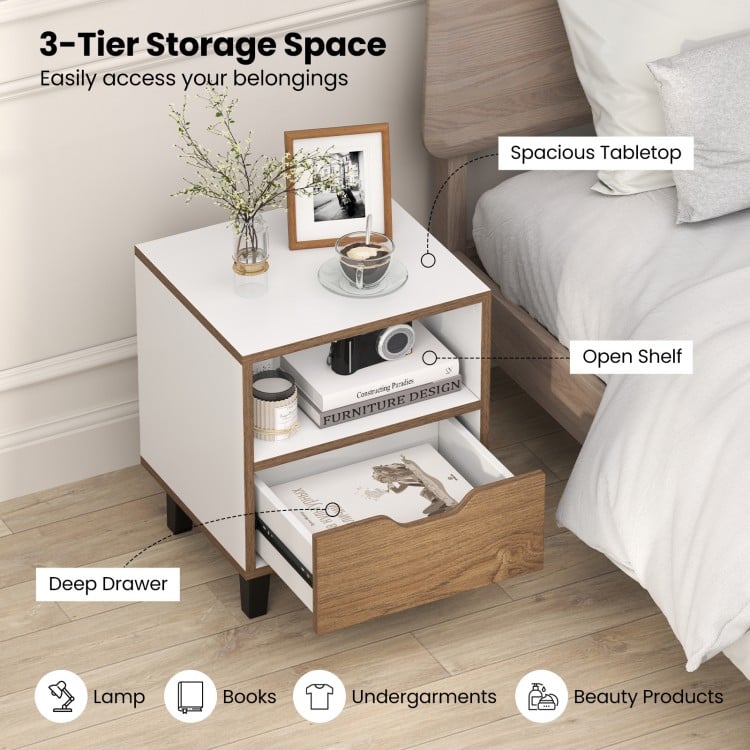 Nightstand with deep drawer and open shelf, featuring a white and wood design for bedroom storage and organization.
