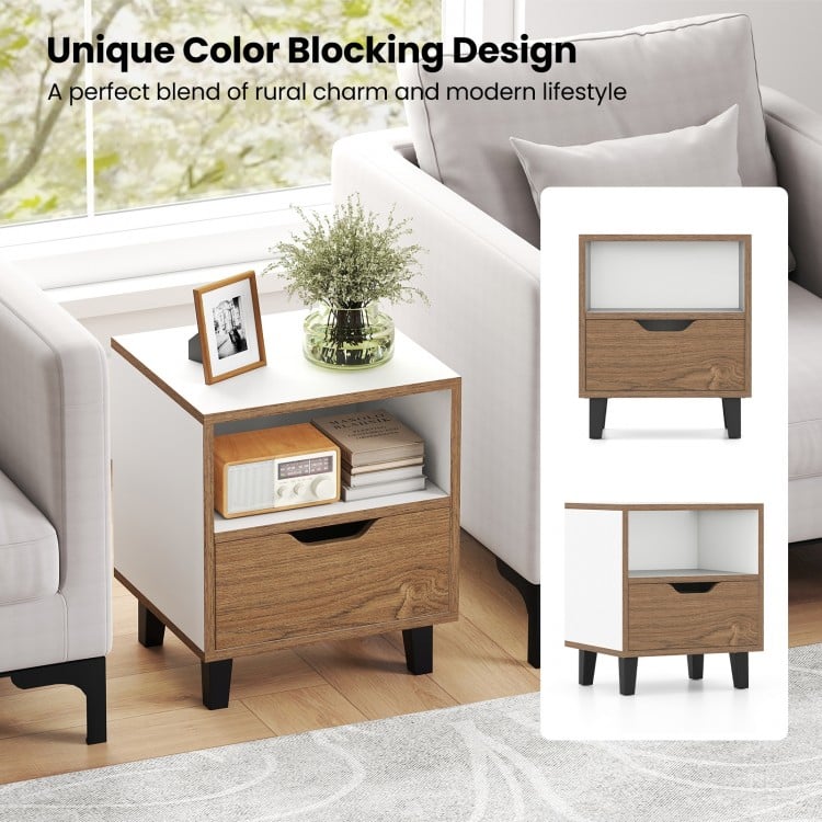 Nightstand set of 2 in white with a drawer and open shelf, featuring a unique color blocking design for modern bedrooms.