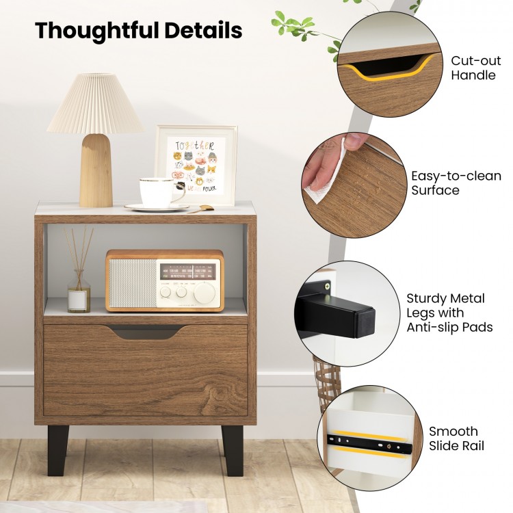 Nightstand with drawer and open shelf, featuring a unique color blocking design and sturdy metal legs for bedroom use.