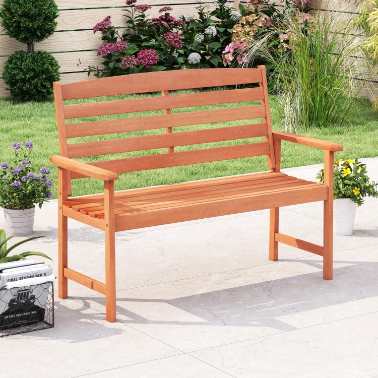 2-person wooden garden bench with slatted backrest and armrests, perfect for patio or backyard relaxation.
