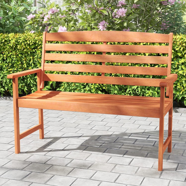 Wooden garden bench featuring a slatted backrest and sturdy legs, ideal for front porches and outdoor gatherings.
