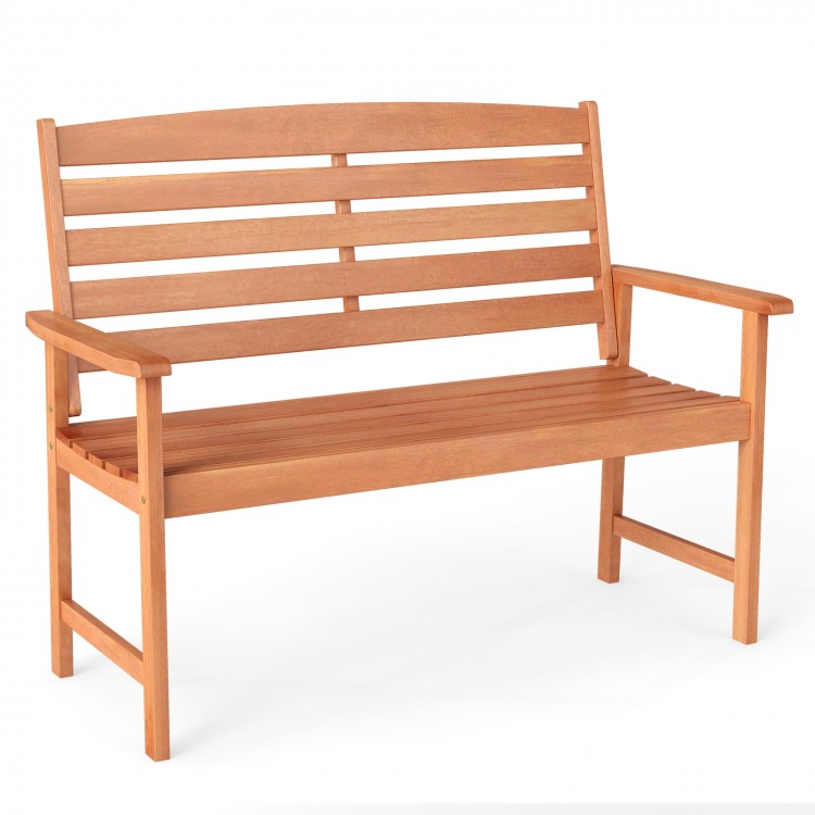 2-person wooden garden bench with slatted backrest and armrests, designed for comfort and stability in outdoor settings.