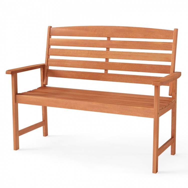 2-person wooden garden bench with slatted backrest and armrests, ideal for patio or backyard seating.