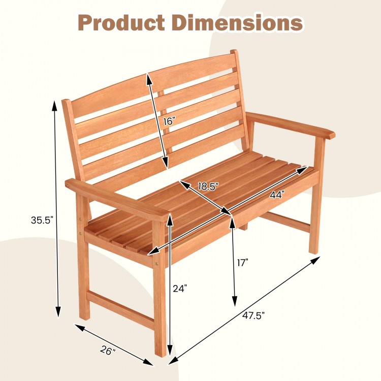 2-person wooden garden bench dimensions with slatted backrest and armrests, ideal for patio or backyard use.
