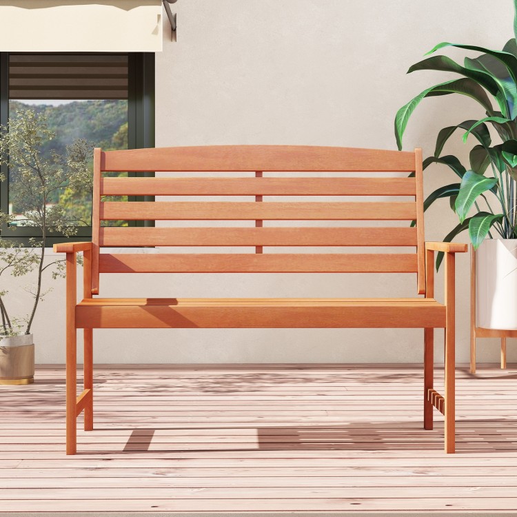 Two-person wooden garden bench with slatted backrest and armrests, perfect for patio or backyard relaxation.
