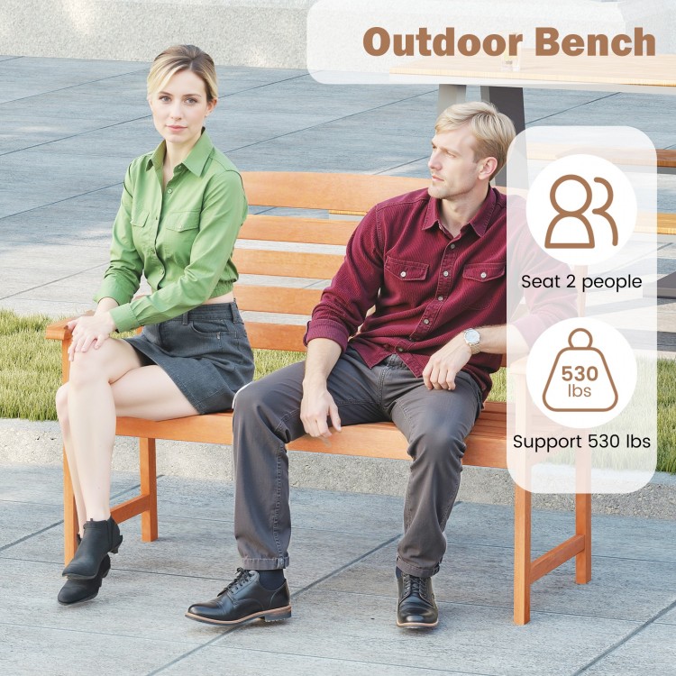 2-person wooden garden bench with slatted backrest, supporting 530 lbs, ideal for backyard or patio seating.