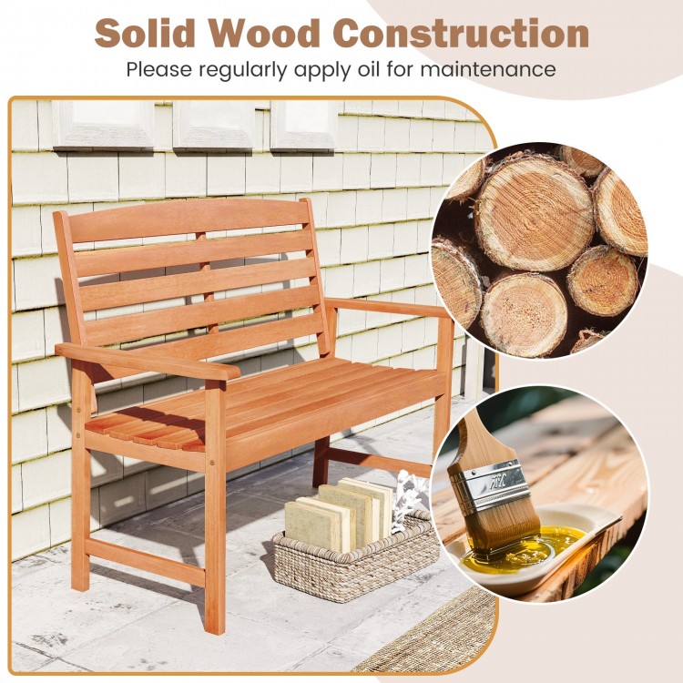 2-person wooden garden bench with slatted backrest, solid wood construction, ideal for patio and backyard use.