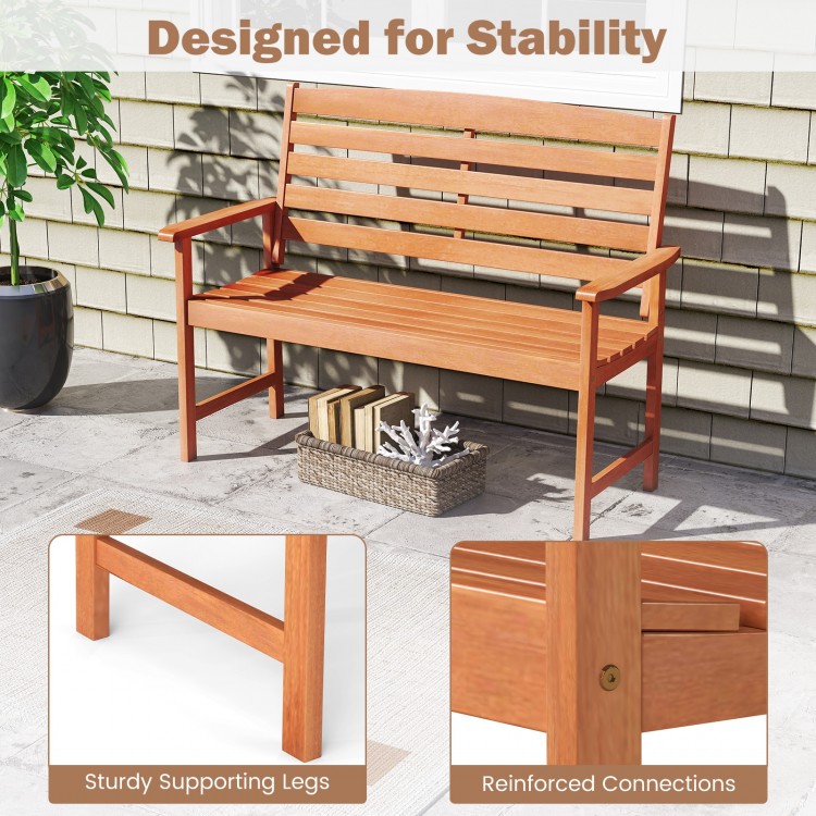 2-person wooden garden bench with slatted backrest, sturdy legs, and comfortable armrests, perfect for patio use.