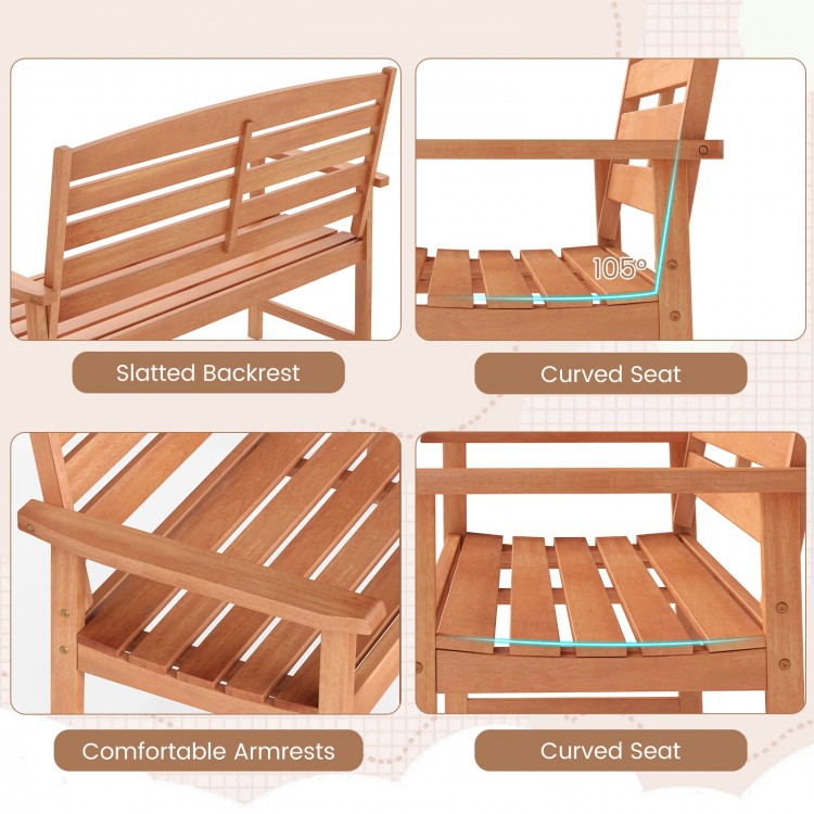 Wooden garden bench featuring a slatted backrest, curved seat, and comfortable armrests, perfect for outdoor relaxation.