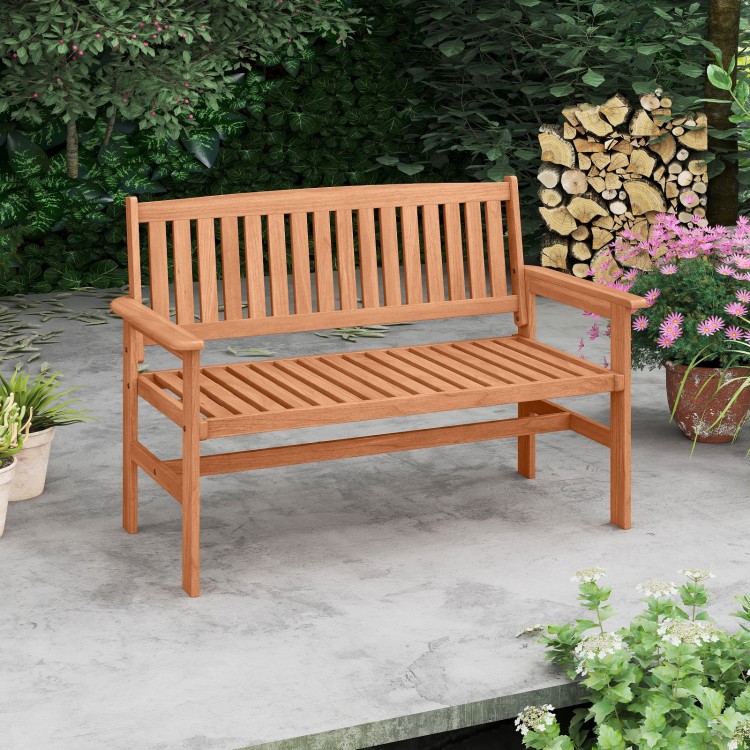 2-person patio loveseat made of solid wood with slatted backrest and armrests, ideal for outdoor relaxation.
