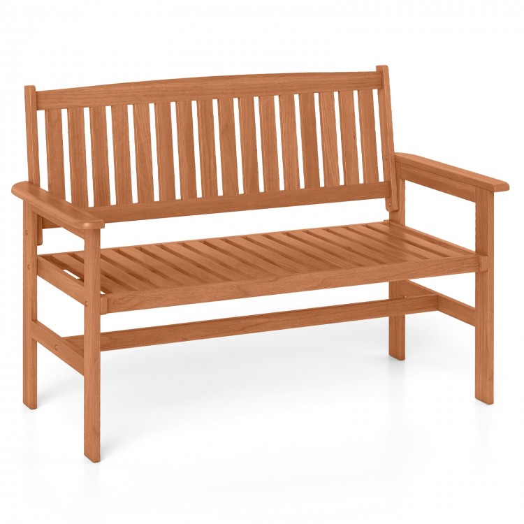 Curved seating of the 2-person patio loveseat, crafted from solid wood, enhances comfort for outdoor spaces.