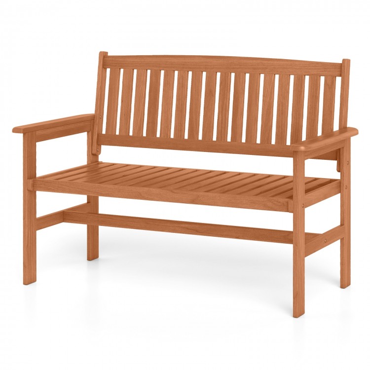 Comfortable 2-person patio loveseat with solid wood construction and slatted backrest, perfect for cozy outdoor.