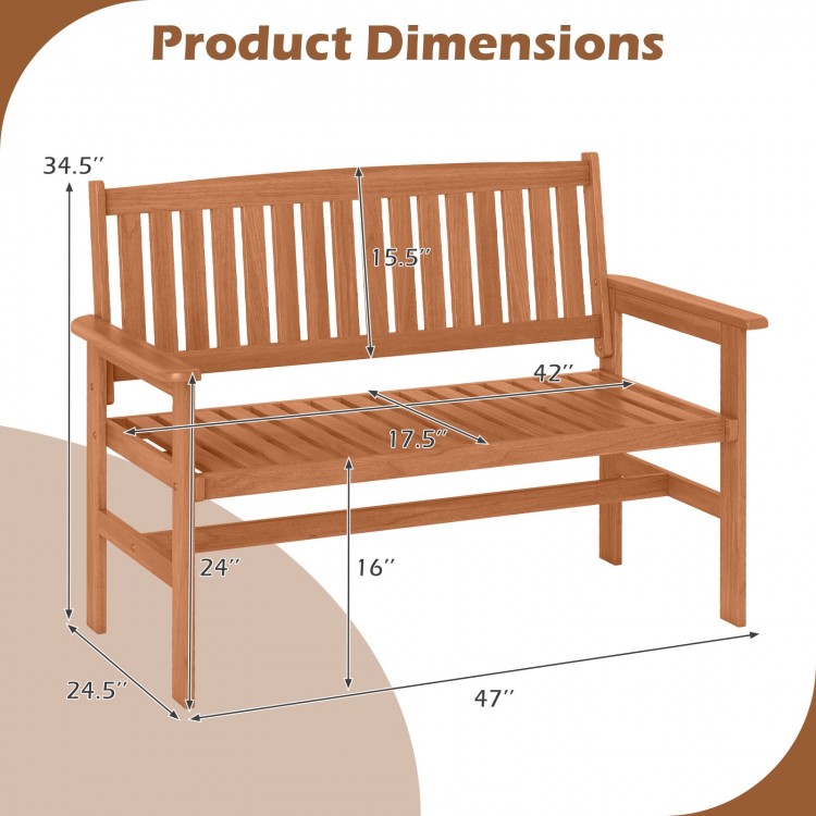 Dimensions of the 2-person patio loveseat with slatted backrest, made of premium solid wood for outdoor use.