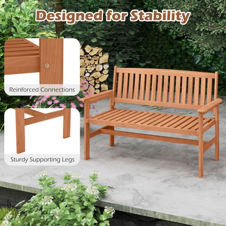 2-person patio loveseat with slatted backrest, sturdy legs, and armrests, ideal for outdoor relaxation in backyards.