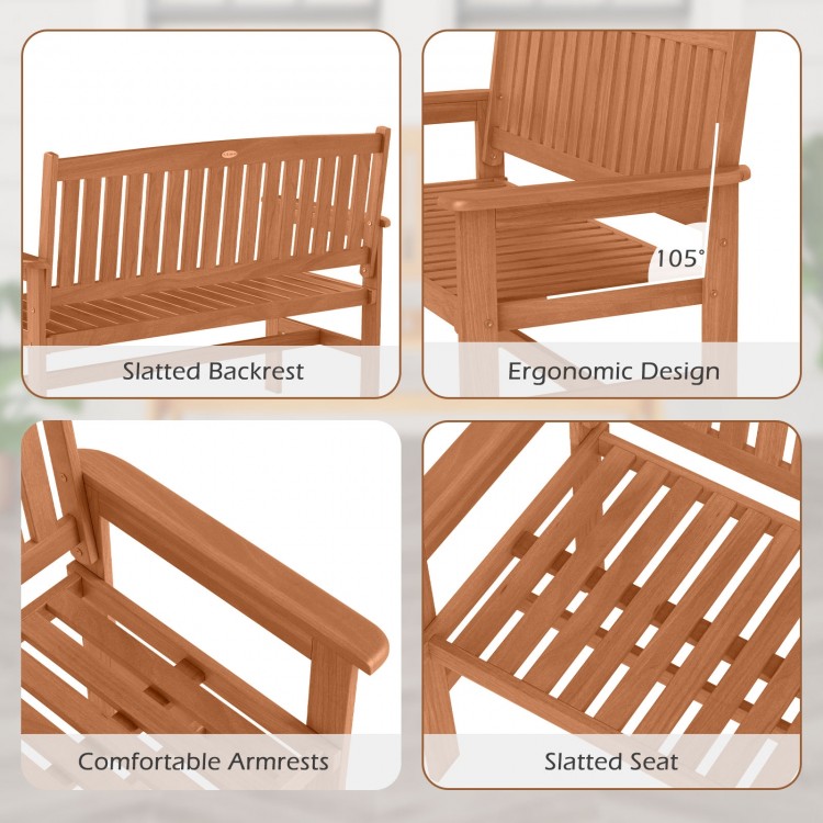 Slatted backrest and armrests of the 2-person patio loveseat, made from premium solid wood for outdoor comfort.