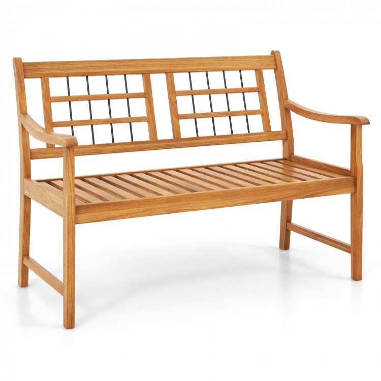 Acacia wood patio bench with slatted seat, curved armrests, and natural finish, ideal for backyard or garden use.