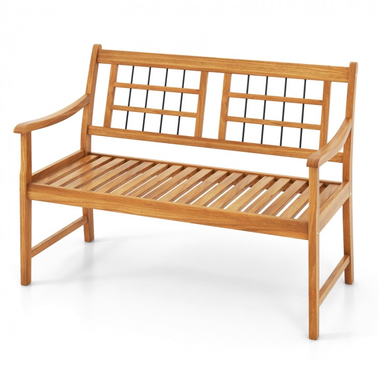 Acacia wood patio bench with slatted seat, curved armrests, and elegant natural finish, perfect for outdoor relaxation.