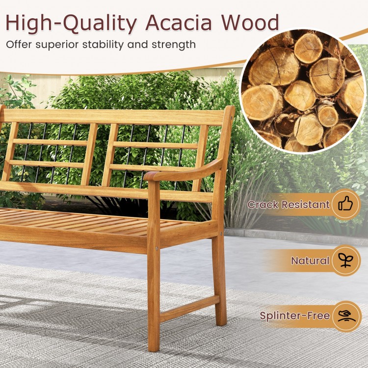 Patio acacia wood bench featuring curved armrests, slatted seat, and natural finish, perfect for backyard or garden use.