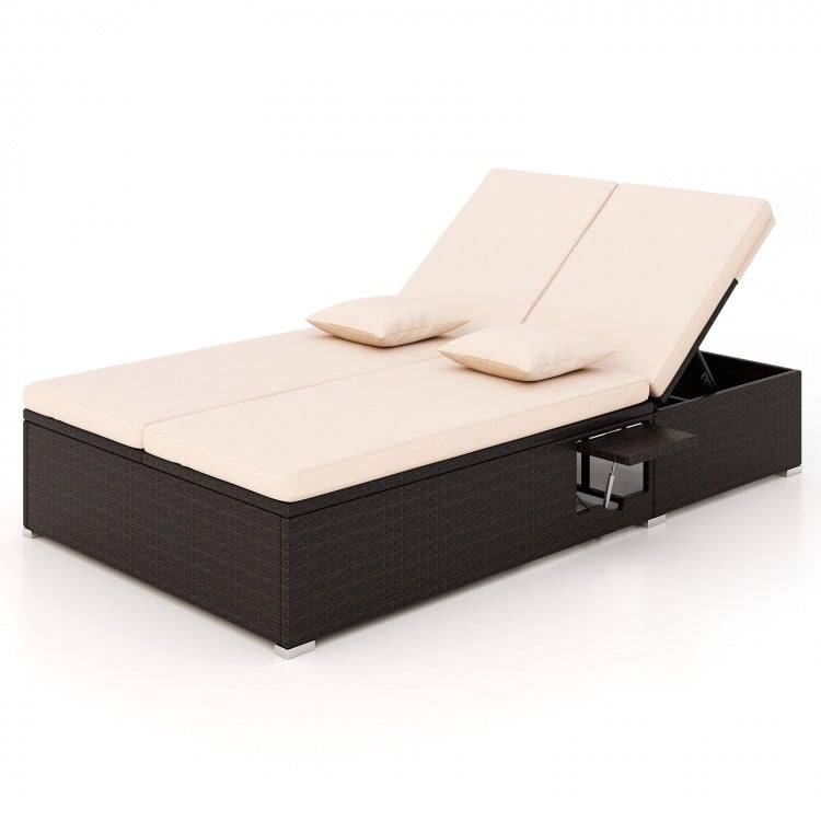 Patio double chaise lounge with beige cushions and reinforced metal frame, ideal for backyard and poolside comfort.