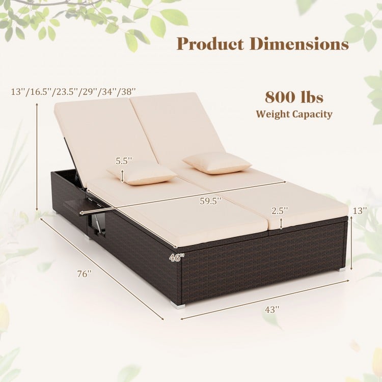 Patio double chaise lounge with beige cushions, adjustable backrests, and folding side trays for backyard relaxation.