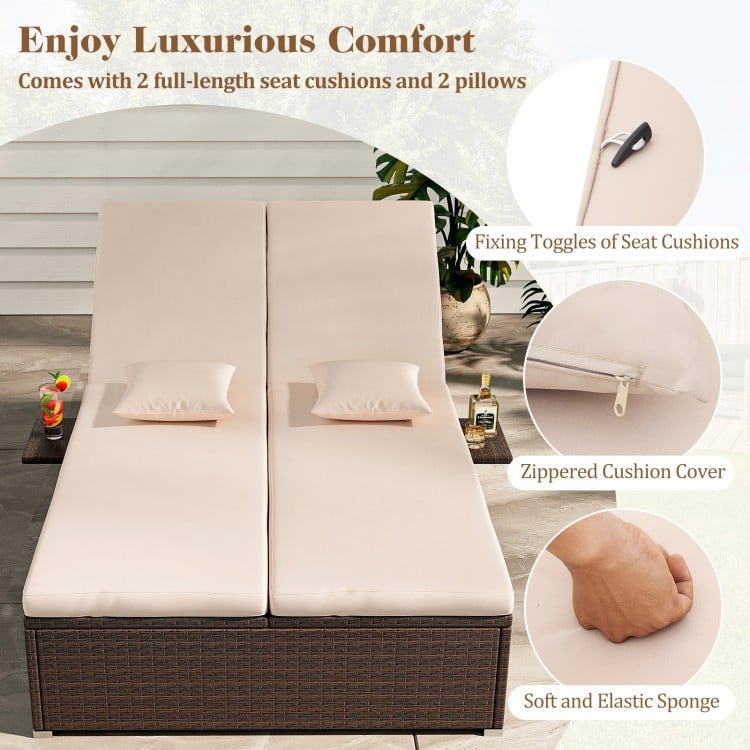 Detail of the soft cushions on the patio double chaise lounge with zippered covers and fixing toggles for secure.