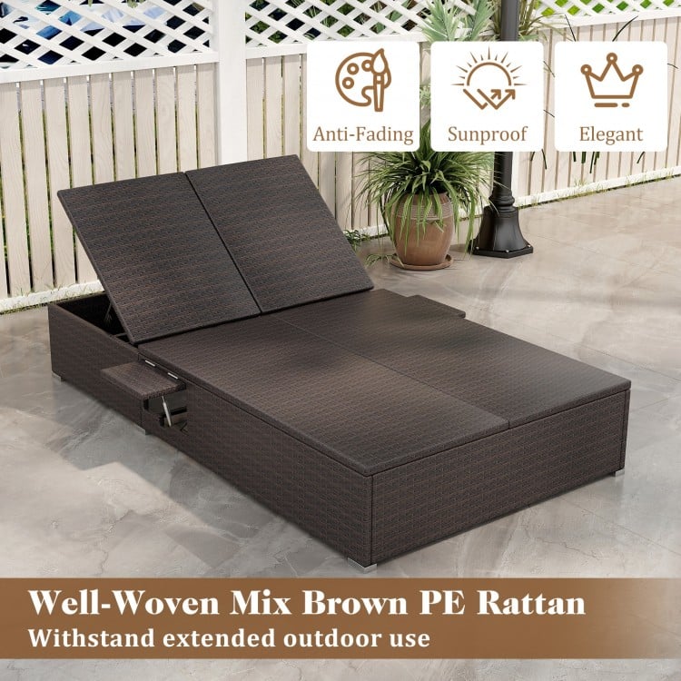 Patio double chaise lounge in well-woven brown PE rattan with adjustable backrests and soft cushions for outdoor.