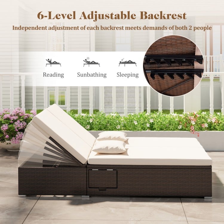 Patio double chaise lounge with beige cushions, featuring 6-level adjustable backrests and folding side trays for.