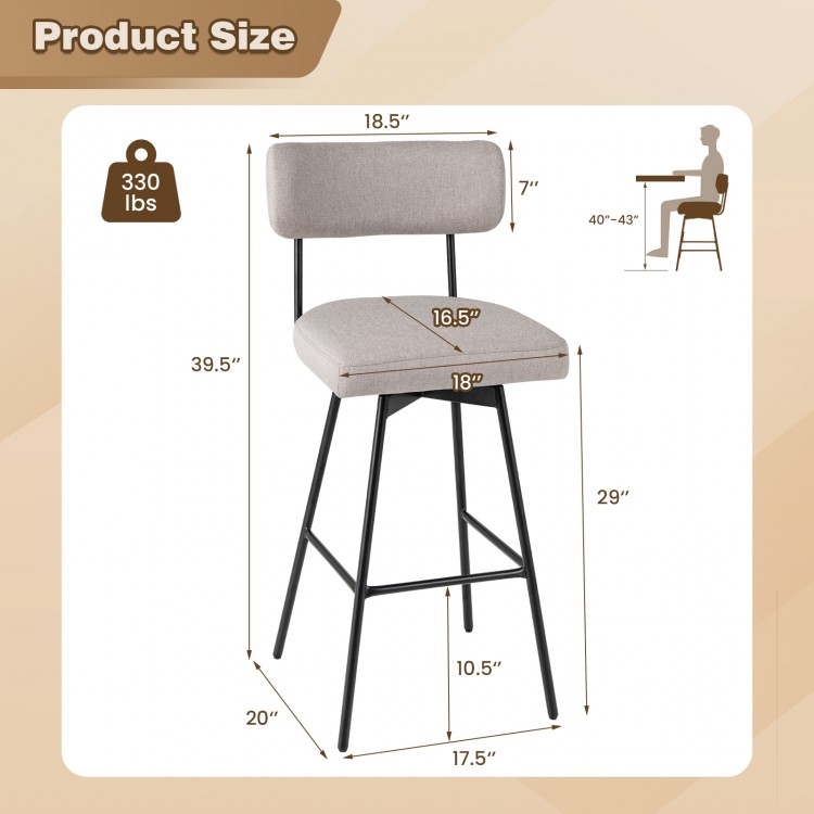 Beige 29-inch upholstered swivel bar stool with padded backrest and metal frame, ideal for kitchen or dining use.