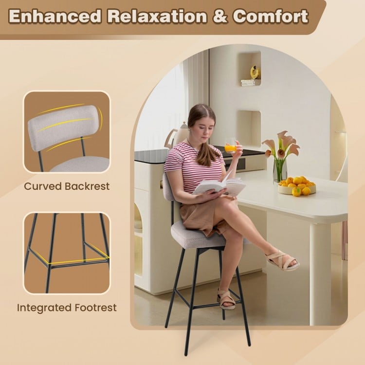 29-inch beige upholstered swivel bar stool with curved backrest and integrated footrest, ideal for kitchen counter.