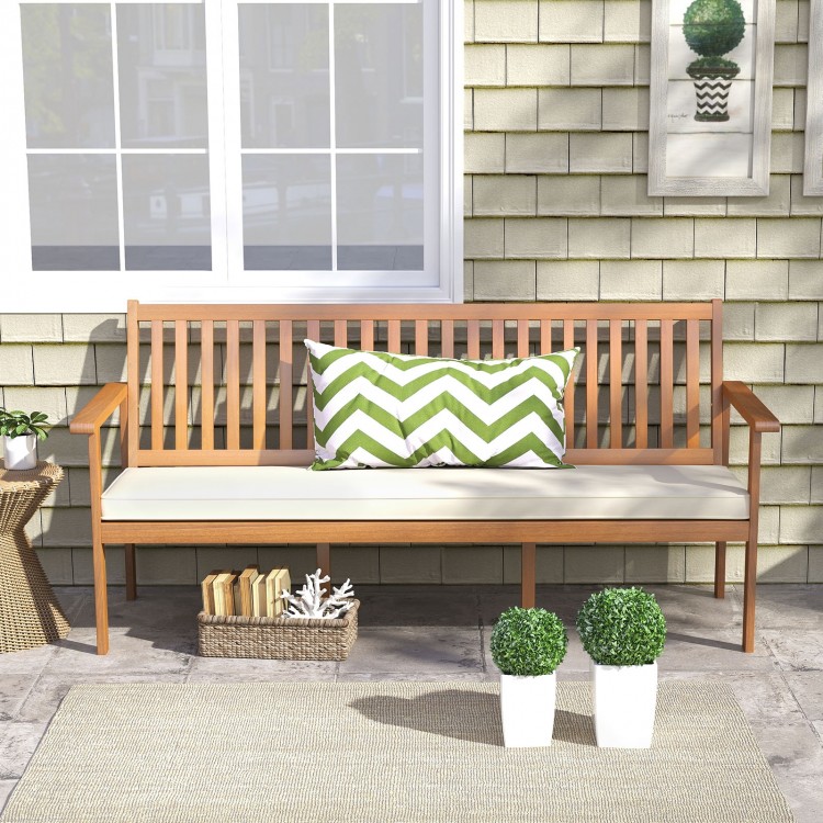 Outdoor 3-seat wood bench with soft cushion, made of acacia wood, perfect for garden or backyard relaxation.