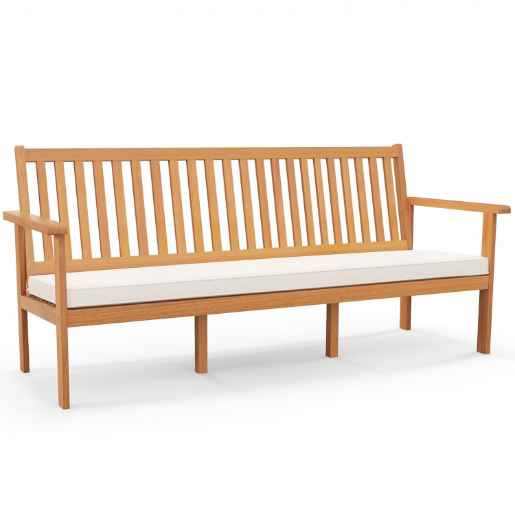 Side view of the outdoor 3-seat wood bench made from acacia, featuring a soft cushion, suitable for any outdoor space.