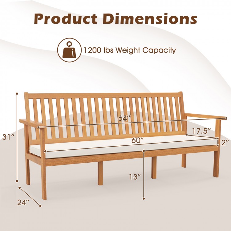 Outdoor 3-seat wood bench with white cushion, made of acacia wood, dimensions 64"x24"x31", ideal for garden or porch.