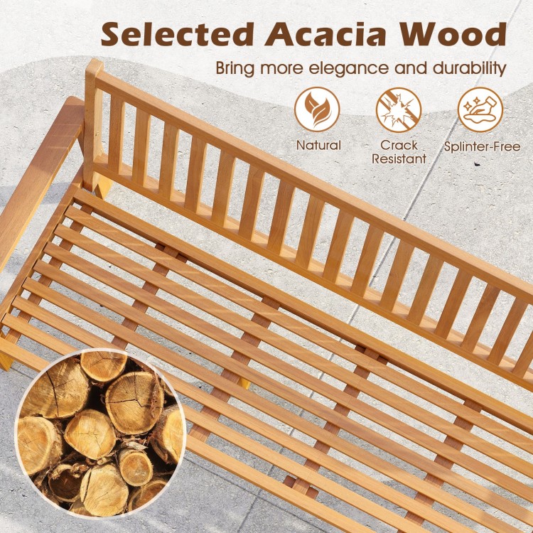 Close-up of the slatted seat of the outdoor 3-seat wood bench made of acacia wood, ideal for garden or backyard use.