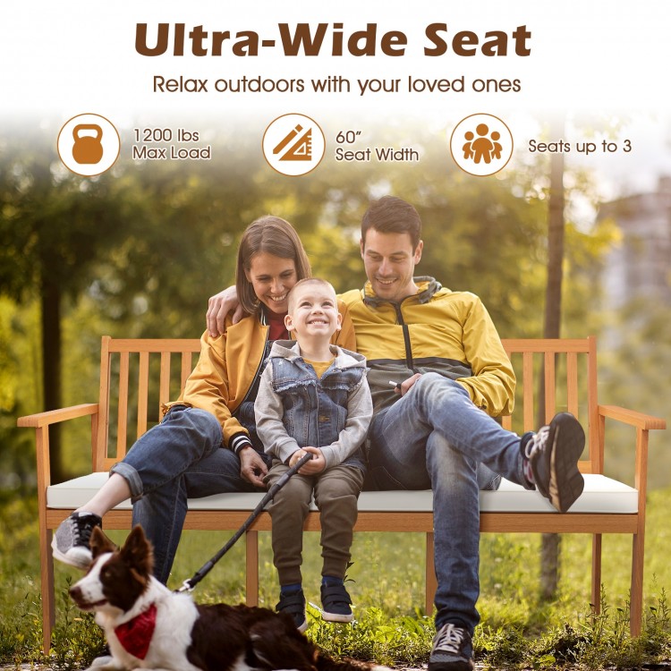 Outdoor 3-seat wood bench with soft cushion, extra-wide design, and durable acacia wood for garden relaxation.