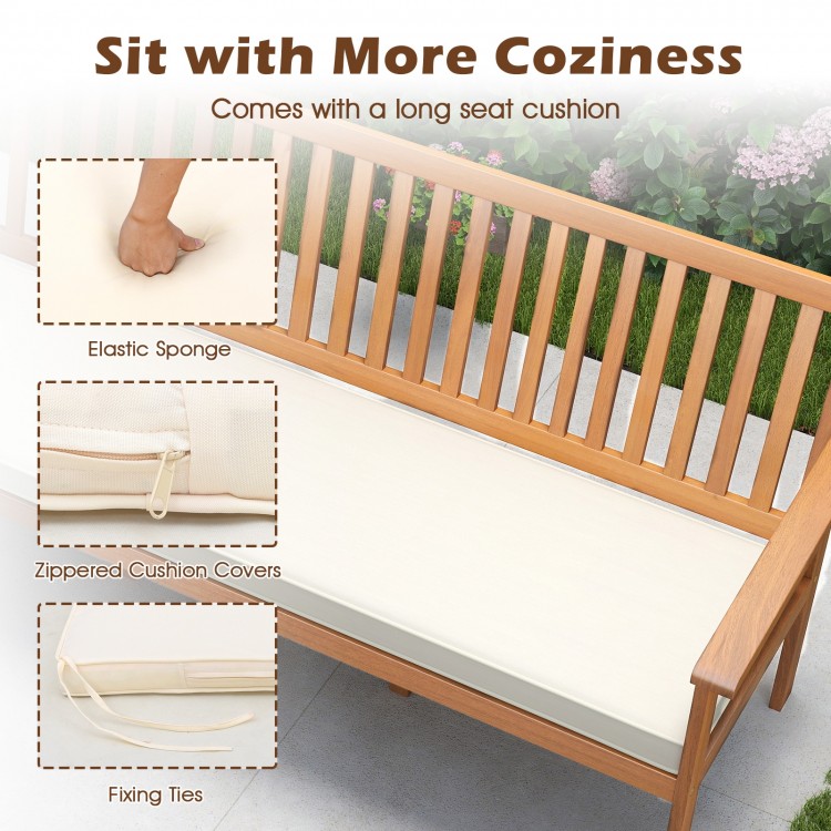 Outdoor 3-seat wood bench with soft seat cushion, slatted design, and fixing ties for stability in garden or backyard.