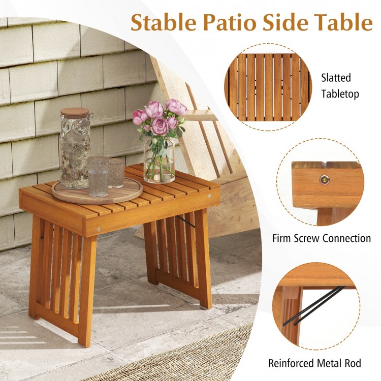 Patio foldable side table with slatted tabletop, acacia wood frame, ideal for backyard or poolside use.