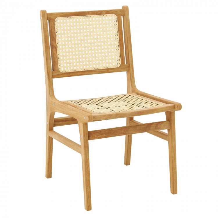 Rattan dining chair with natural cane backrest and teak wood frame, featuring a comfortable tilted backrest for support.