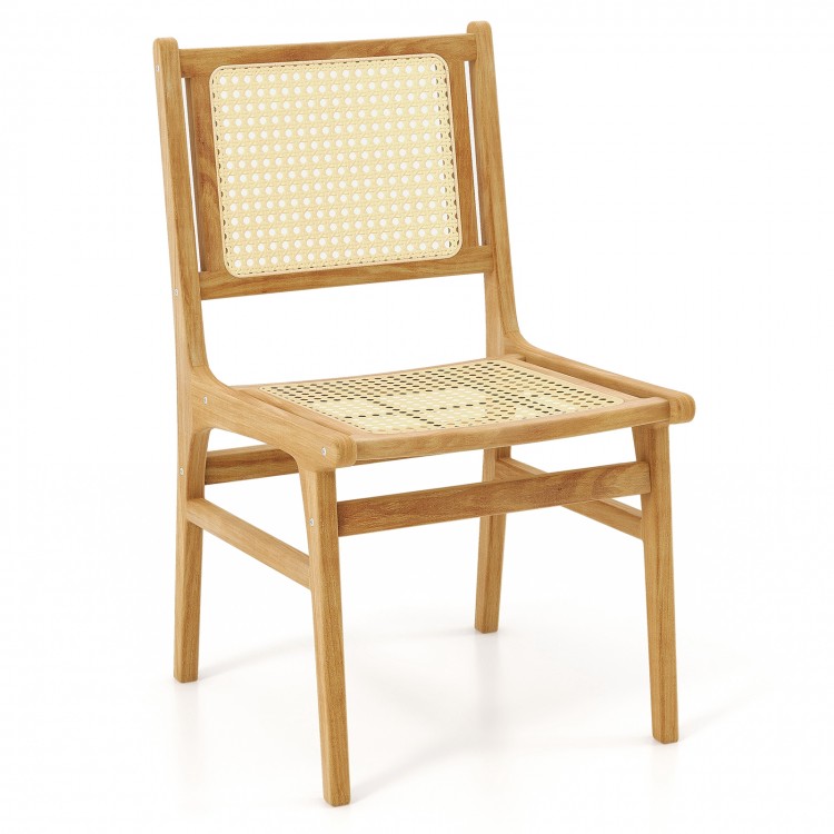 Rattan dining chair featuring a natural cane woven backrest and sturdy teak wood frame for stylish and durable seating.